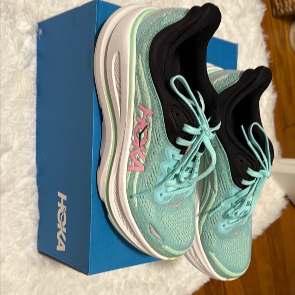 Hoka Bondi 9 Women's Aqua and Pink Athletic Shoes